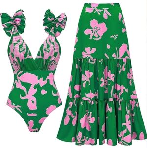 FLAXMAKER Tropical 2-Pc Set: Ruffle One-Piece & Maxi Skirt M 🌴💖